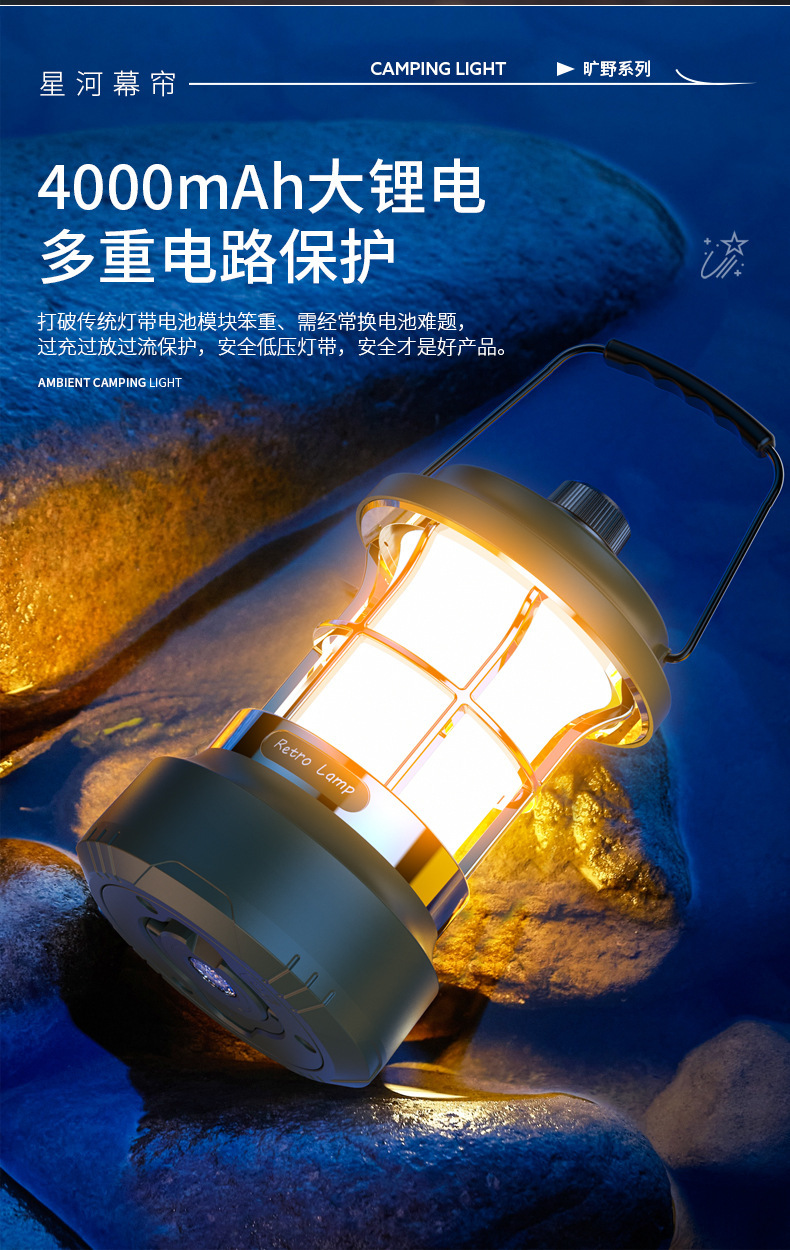 Cross-border retro-style portable outdoor camping lantern, rechargeable, for tents and campsites, with multi-functional, colorful LED strip lights for creating ambiance