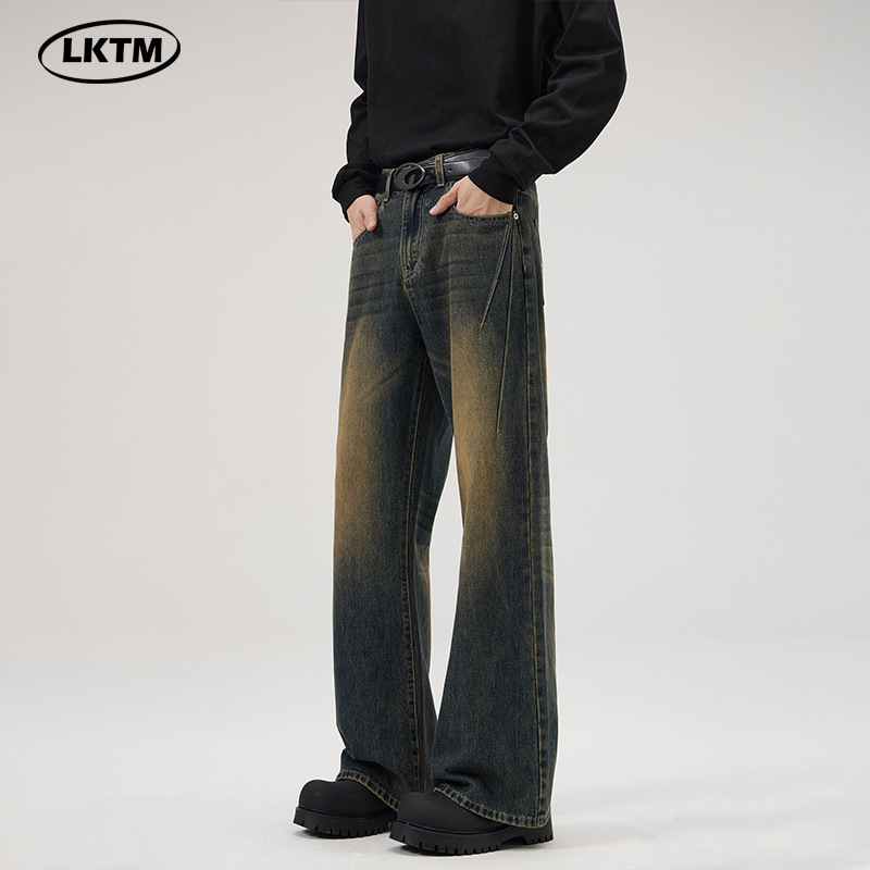 LKTM Men's Clothing #American High Street Vibe Flare Pants Men's Deconstructed Trendy Cleanfit Loose Casual Jeans