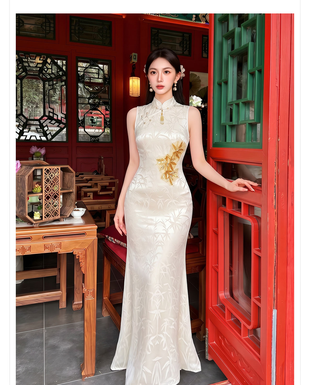 Đầm maxi thắt eo phong cách tân cổ điển họa tiết hoa văn nổi — màu mơ chi tiết 6