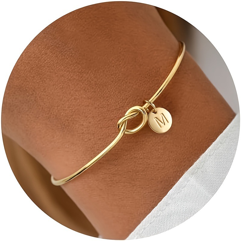 Fashion New Gold Initial Bracelet 26 Letter Round Card Pendant Knot Opening Bracelet Color-retaining Joker Women