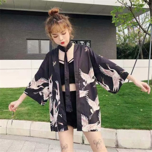 Hanfu short-sleeved shirt women's Korean-style Chinese style Tang suit trendy cropped robe crane couple outfit Japanese retro kimono