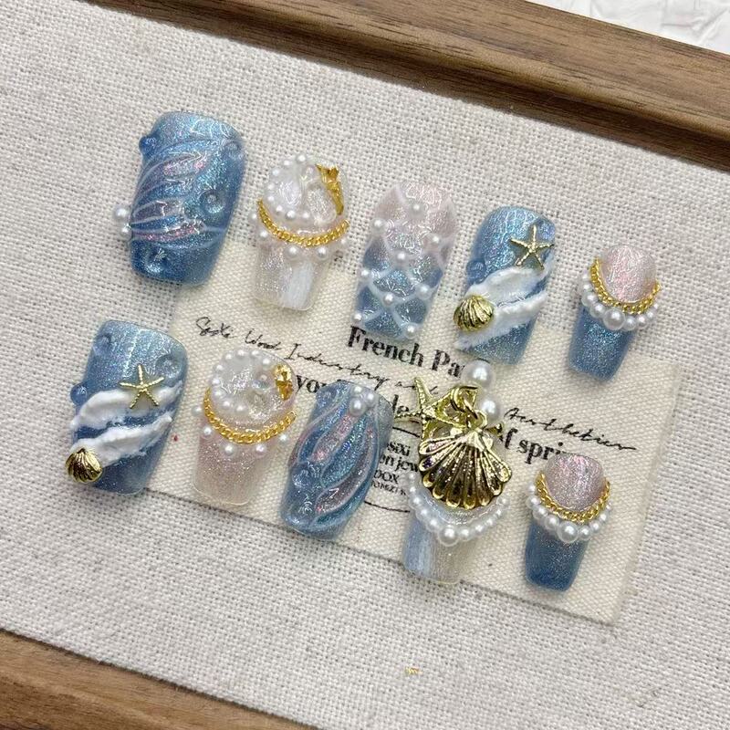 Blue Ocean Mermaid Tail Hand-Painted Short Almond Handmade Boutique High-End Wholesale Purely Handmade Wearable Manicure Blue Ocean Mermaid Tail Hand-Painted Short Almond Handmade Boutique High-End Wholesale Purely Handmade Wearable Manicure