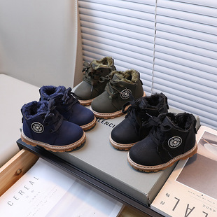 Boys' British-style Martin Boots 2024 Autumn and Winter Children's fleece-lined Thick Cotton Boots 1-6 Years Old Baby Non-slip All-match Boots