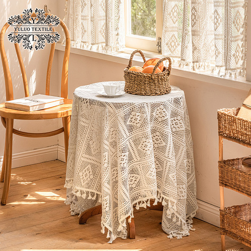 American Country Cotton Woven Tablecloth Lace Embroidery Crochet Fringe Tablecloth French Cover Vintage Ins Tablecloth
