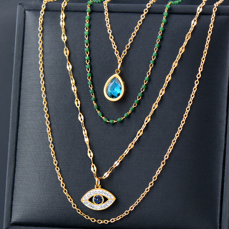 Fashion Devilu0027S Eye Flower Titanium Steel Inlay Inlaid Gold Artificial Gemstones Layered Necklac