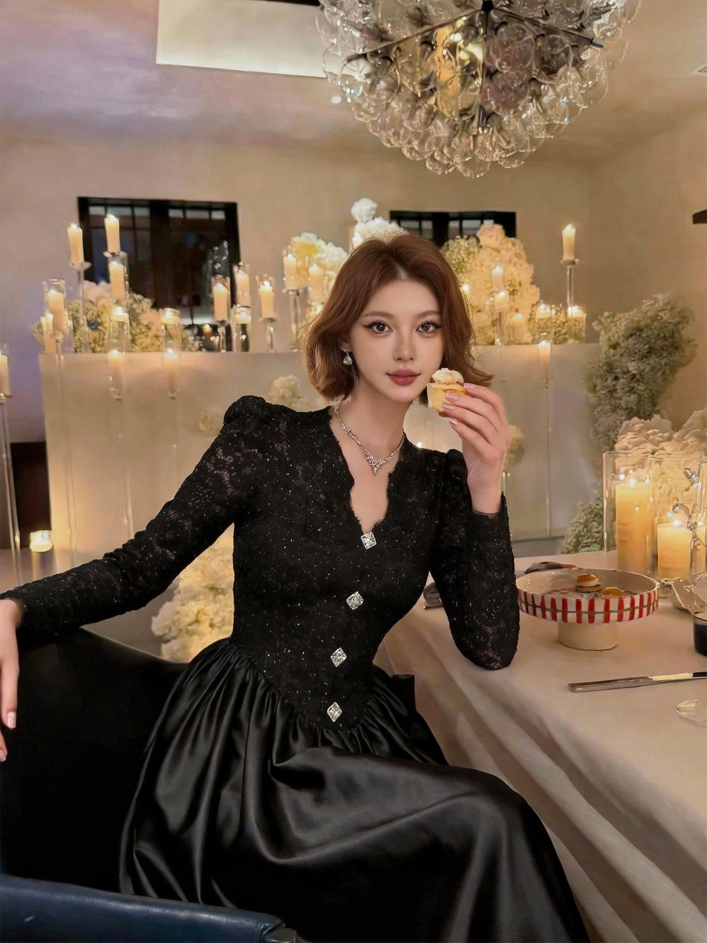 Đầm suông midi cổ V ren phối eo chữ A dáng dài — đen
