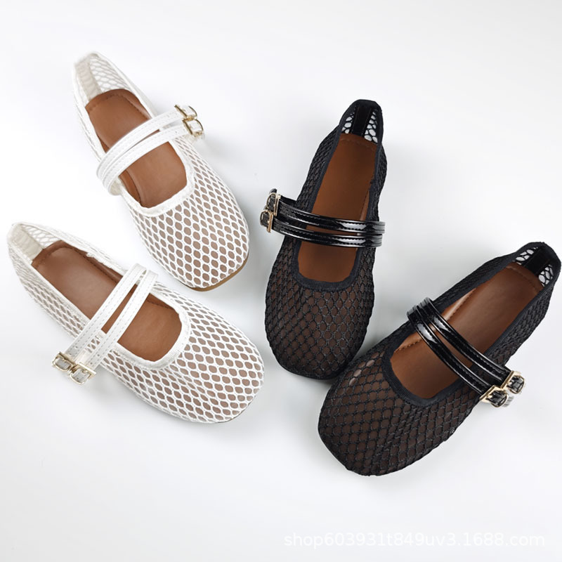 Cross-Border French-Style Flat Hollow Breathable Mesh Shoes 2026 Summer New Mesh Mary Jane Shoes Ballet Flats for Women