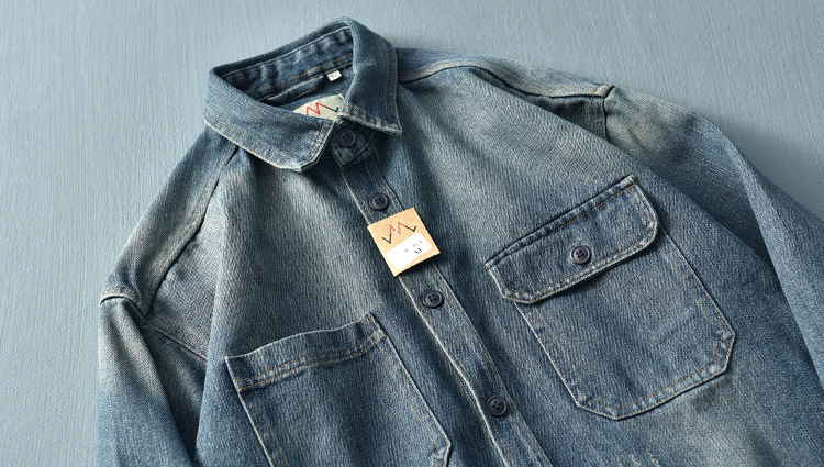 Vintage Washed Denim Overshirt For Men Loose Workwear Jacket_voghion.com