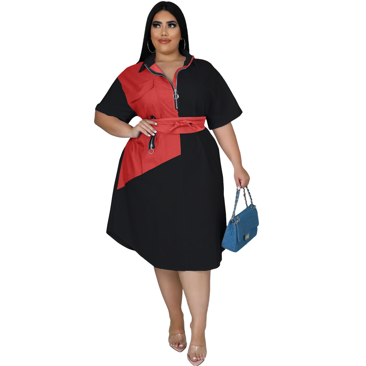 Frau Normales Kleid Lässig V-ausschnitt Reißverschluss Patchwork Kontrastbindung Kurzarm Farbblock Maxi Langes Kleid Täglich display picture 8