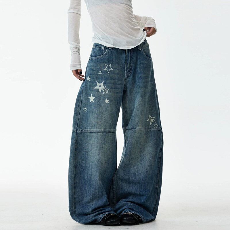 American-style star-printed deconstructed design wide-leg jeans for men and women, loose-fitting vintage washed distressed curved trousers