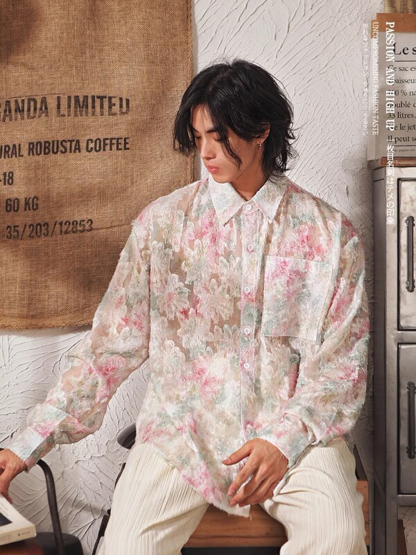 Spring Niche Design Sense Floral Shirt Men's Thin Casual Loose Semi-transparent Fringe Trendy Ruffian Handsome Long-sleeved Shirt Spring Niche Design Sense Floral Shirt Men's Thin Casual Loose Semi-transparent Fringe Trendy Ruffian Handsome Long-sleeved Shirt
