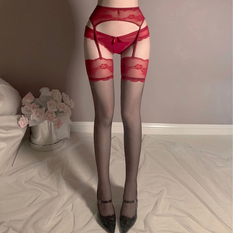 Red-Edged Black Stockings with Suspenders, Sexy Lace Stockings Set, Anti-Snagging Leg Rings, Over-The-Knee Garter Belt for Women Red-Edged Black Stockings with Suspenders, Sexy Lace Stockings Set, Anti-Snagging Leg Rings, Over-The-Knee Garter Belt for Women