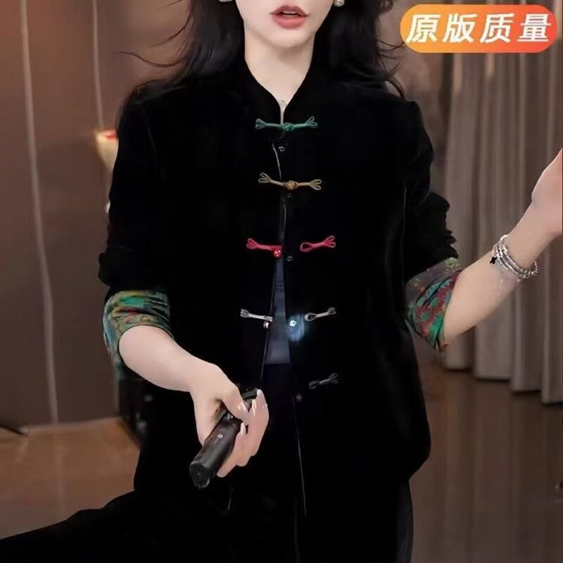 （双面穿）新中式国风印花盘扣黑色丝绒外套女气质双面穿宽松上衣|undefined