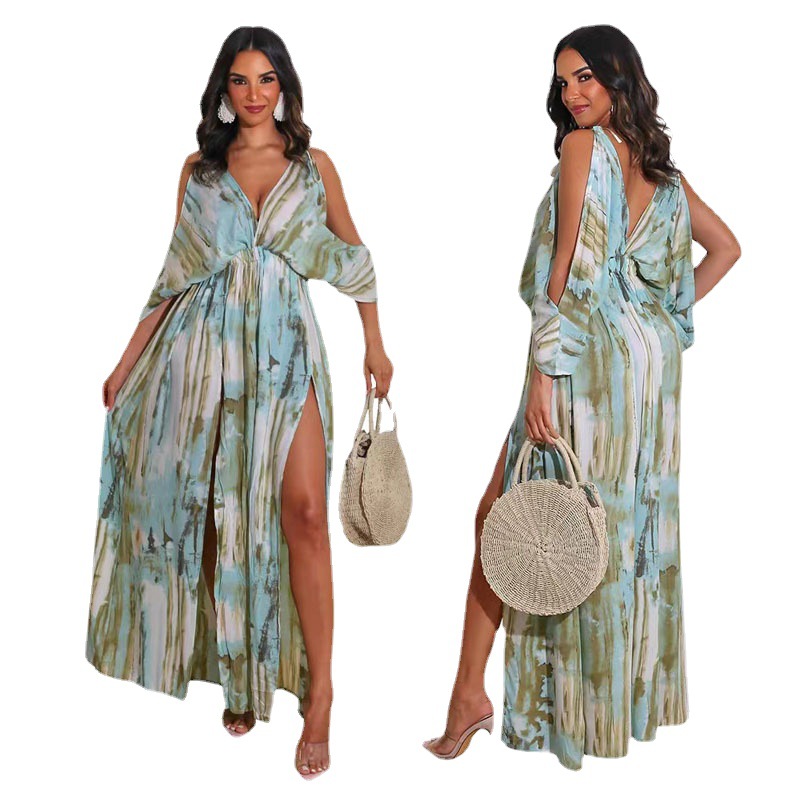 Vestido de verano swing grande adelgazamiento impreso gasa elegante cercanías estilo chino europeo y americano abrigo verde