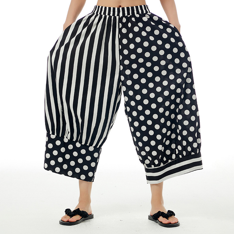 2026 Summer New Loose Slimming Capri Pants Plus Size Women's Polka Dot Striped Casual Pants Wide Leg Pants 0611-2