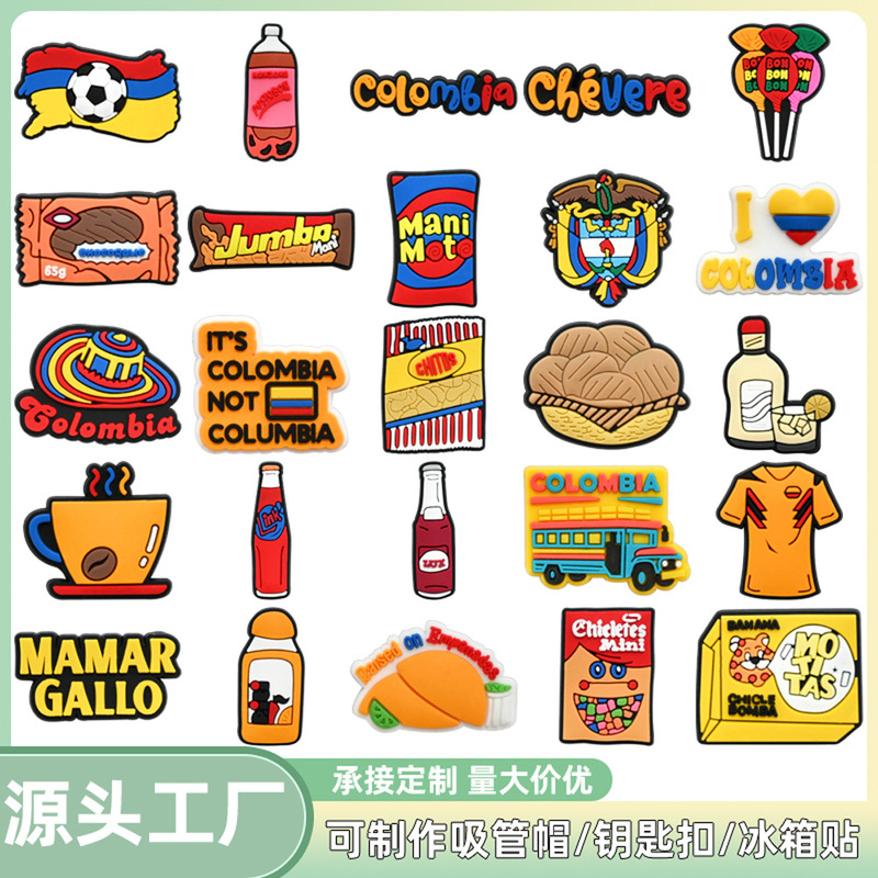 Colombian-themed shoe charms, food and flag PVC soft rubber clog shoe decorations, fridge magnets, DIY accessories, mixed batch