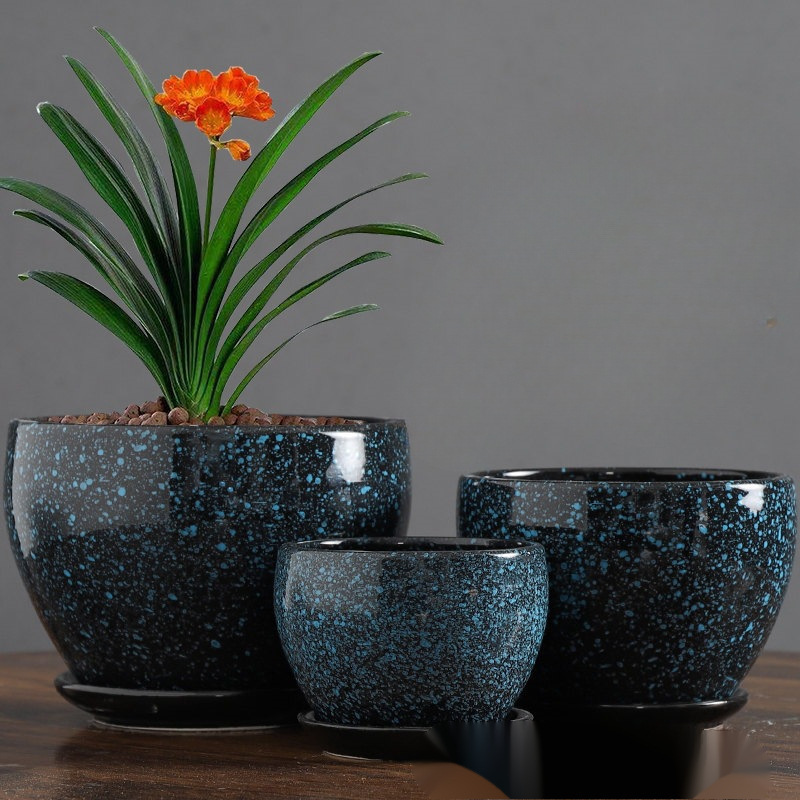 Set of Three Large Ceramic Flower Pots for Home Use, Simple and Creative, Suitable for Green Plants and Succulents, with Trays