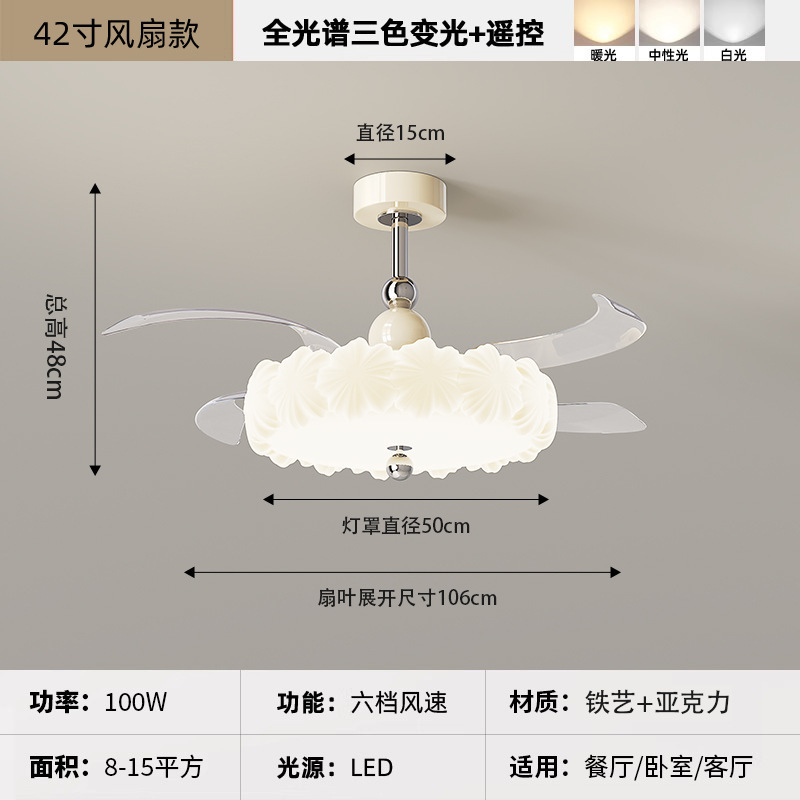 奶油中古风隐形风扇灯房间南瓜卧室吸顶灯餐厅客厅电扇一体吊扇灯|undefined