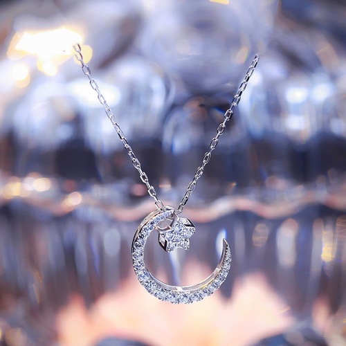 Korean zircon star and moon necklace star and moon pendant short clavicle chain women's silver jewelry wholesale dropshipping