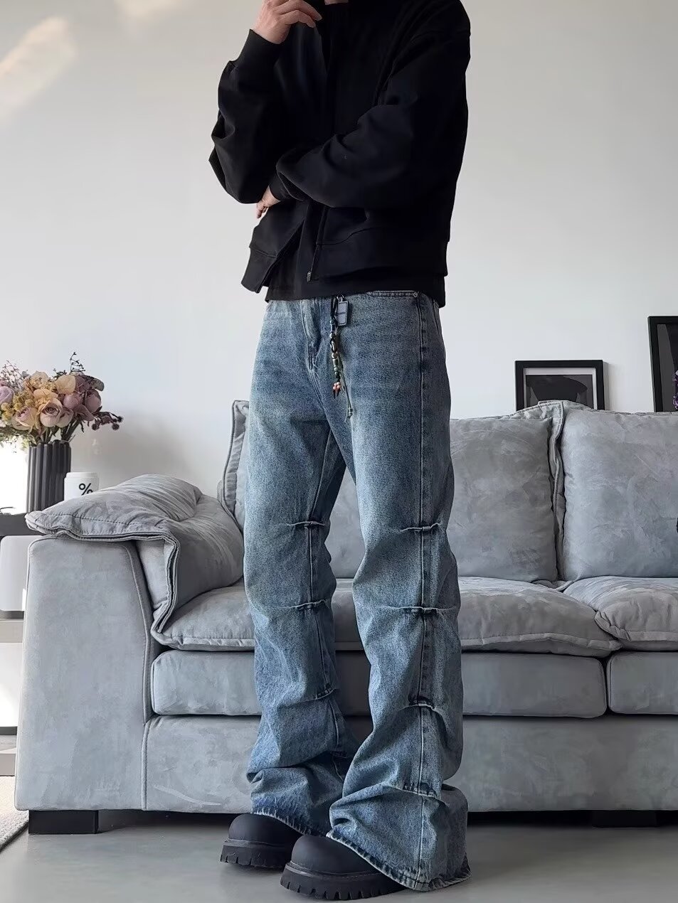 Men's Clothing high street side pleated design flared jeans loose distressed cleanfit wide leg trousers trend_voghion.com