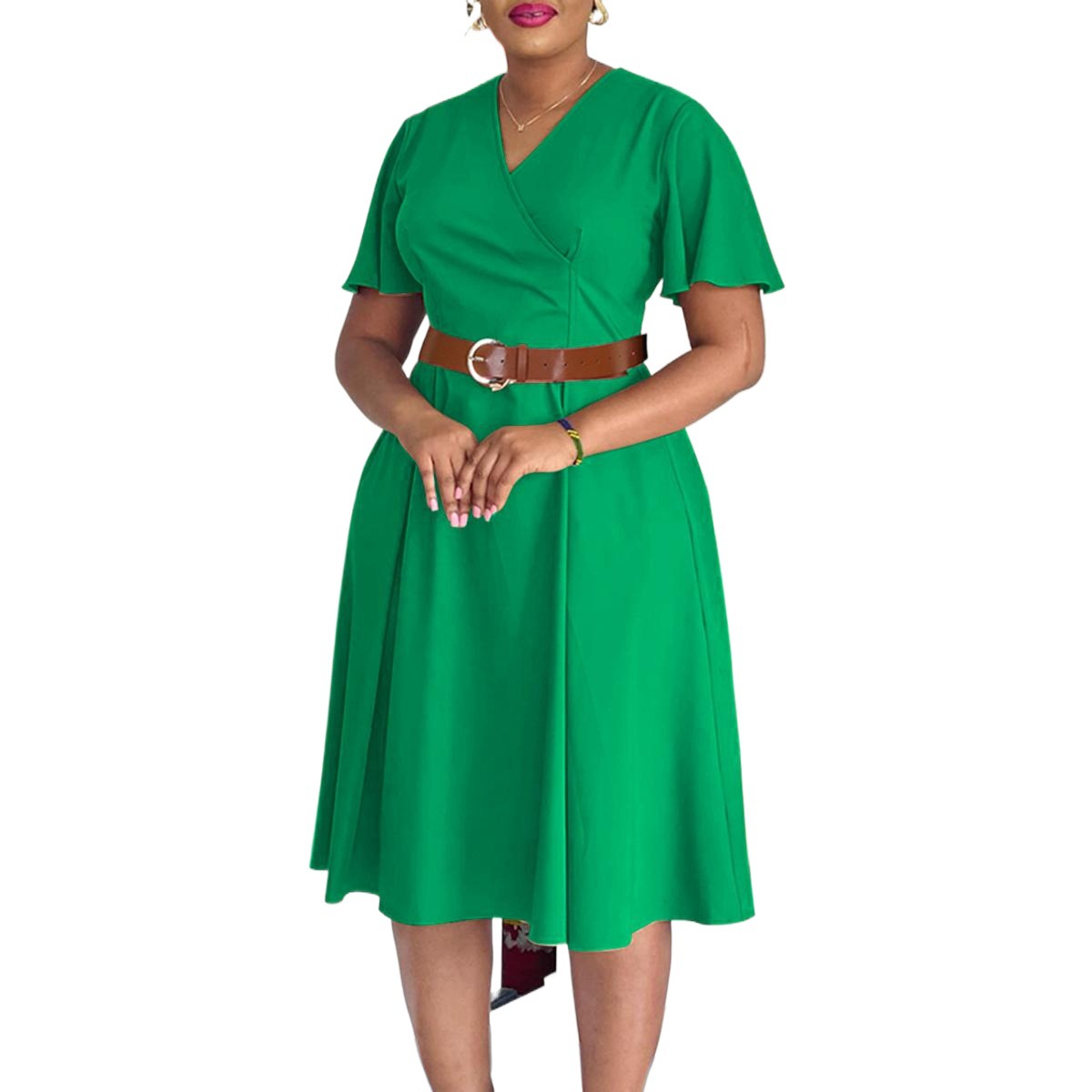Plus Size Women's Clothing V Neck Dress Elegant Solid Color Flared Sleeve Casual Fashion American Style_ecoleips.com