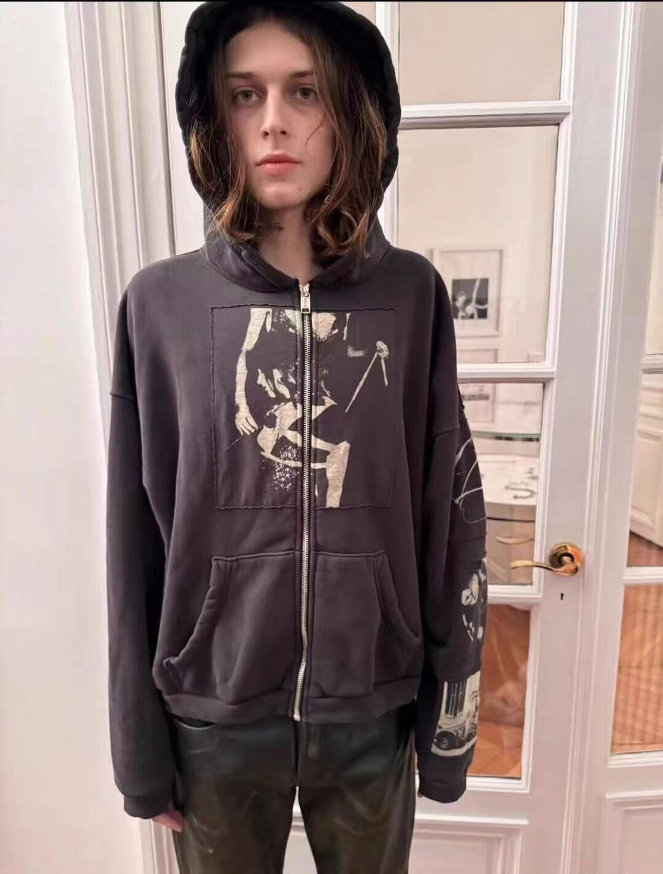 Erd24Fw Melancholic Rich Second Generation Dark Suffocation Bundle Printed Zipper Distressed Washed Zip Patch Pure Cotton Sweatshirt