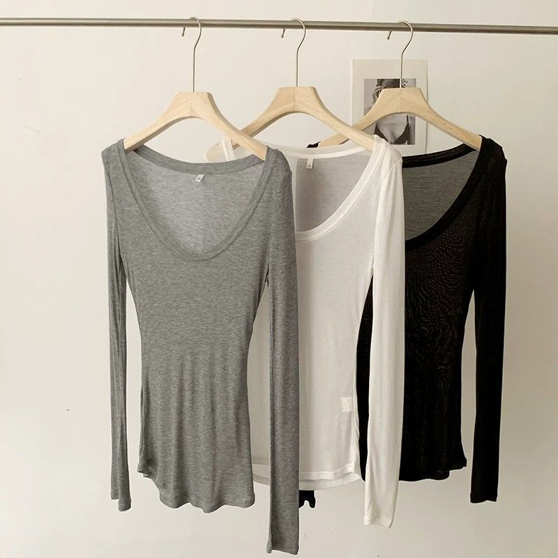Spring and Autumn Thin White U-Neck Long-Sleeve T-Shirt for Women, Stretchy Summer Slim-Fit Design, Unique Inner Layer Base Shirt Top