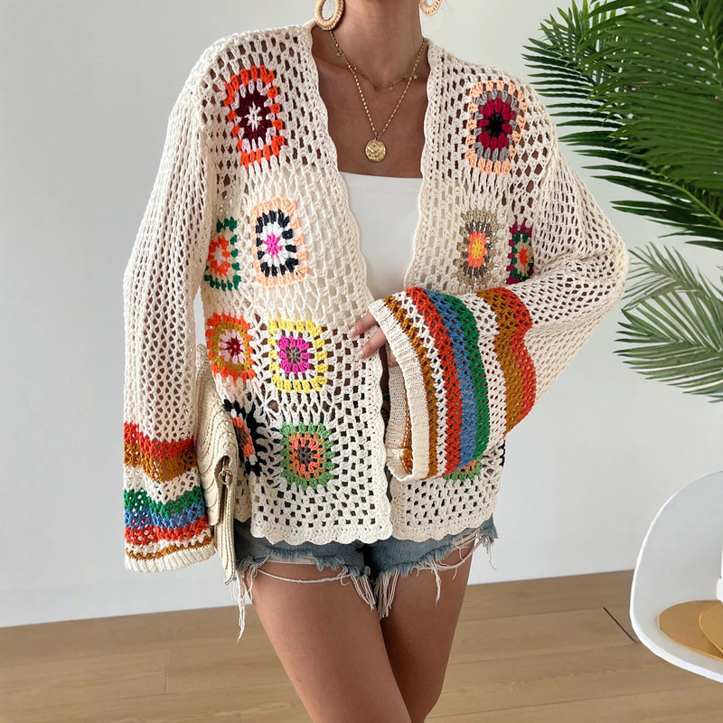 Hook Knit Shirt Long Sleeve Top Spring and Autumn New Bohemian Color Plaid Crocheted Handmade Women's Cross-border