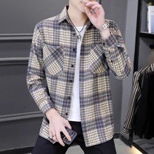 格子长袖衬衫男宽松大码韩版潮流休闲秋季新款帅气翻领衬衣外套潮