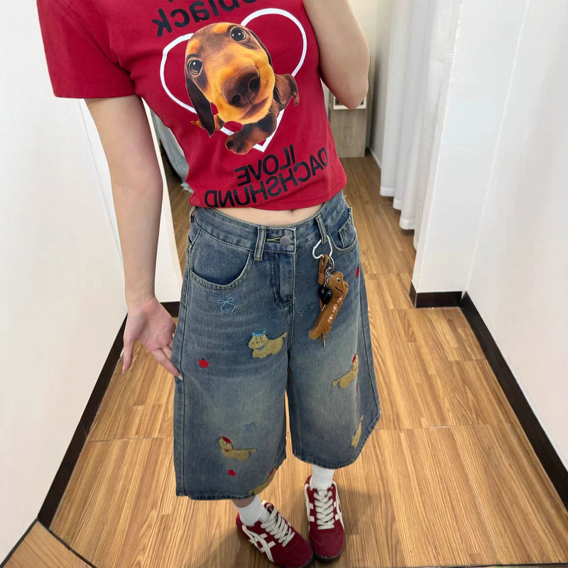 Embroidered Summer 7/8 Length Jeans for Women, Thin Straight High-Waisted Denim Cropped Wide-Leg Pants, Slimming Pants for Women Embroidered Summer 7/8 Length Jeans for Women, Thin Straight High-Waisted Denim Cropped Wide-Leg Pants, Slimming Pants for Women
