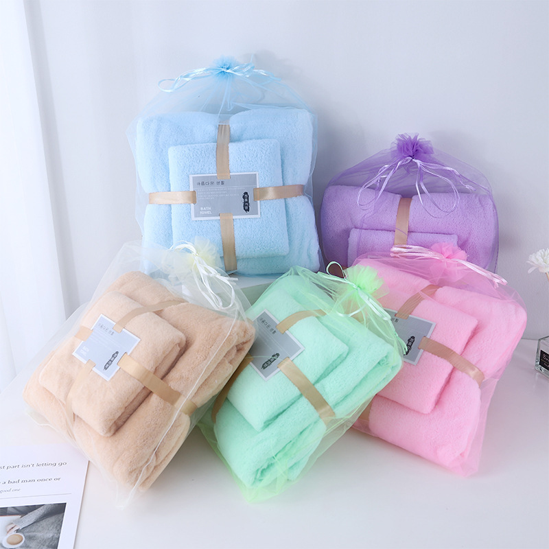 Factory spot towel bath towel mother and child set warp knitted coral fleece cut edge absorbent activity gift towel wholesale