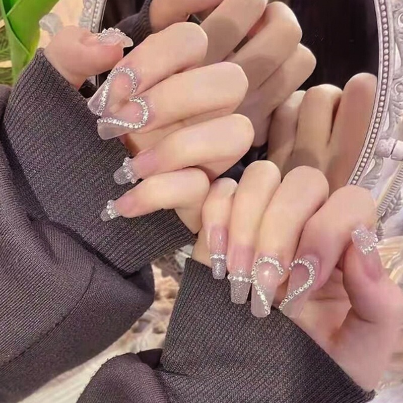 Flash Diamond Wearable Nails Love Chain Diamond Manicure Fake Nails Casual Temperament Nail Stickers Wearable Nail Art Patch Wholesale