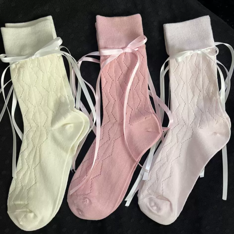 Japanese summer thin cute knee socks with bow, 2023, mid-length