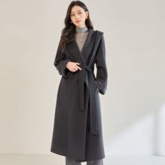 25秋冬新款休闲时尚宽松翻领浴袍长款连帽双面呢大衣外套女22672