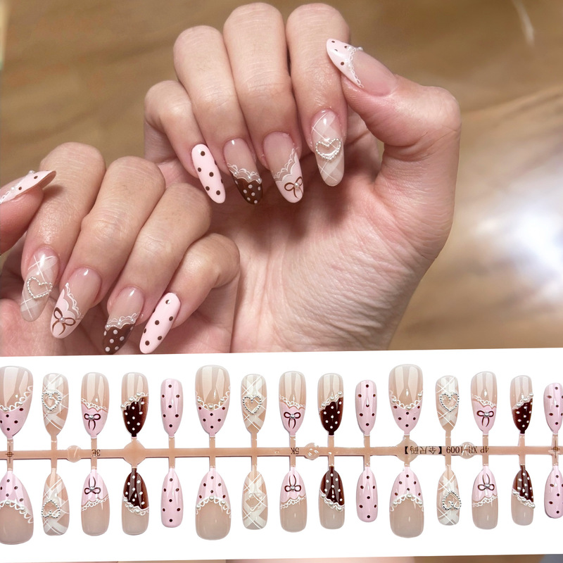 Pink-Brown Plaid Polka Dot Bowknot Almond-Shaped Sweet Vintage Girly French Manicure Stickers