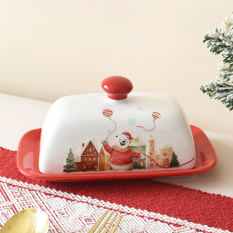 Cerámica de Navidad oso polar estilo sombrero de Navidad cerámica plato de mantequilla relieve nuevo