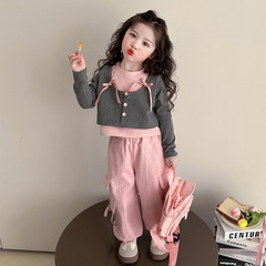 女の子の春秋タイプの工装セット2025の新型の洋風の流行の子供の蝶結びの赤ちゃんの春の春の服装の運動