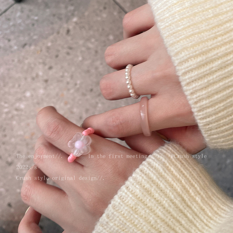 东菊2022年新款珍珠花朵糖果色戒指套装组合女小众设计感时尚树脂详情7