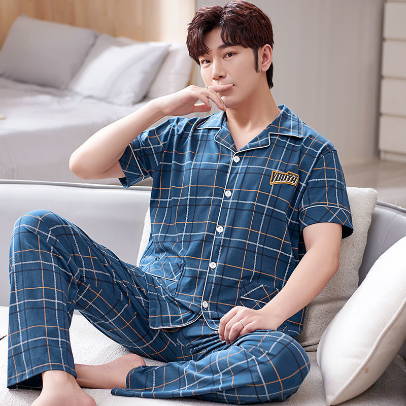 Pijamas de hombre ropa de verano 100% algodón pantalones de manga corta chaqueta juvenil traje de homewear delgado de mediana edad