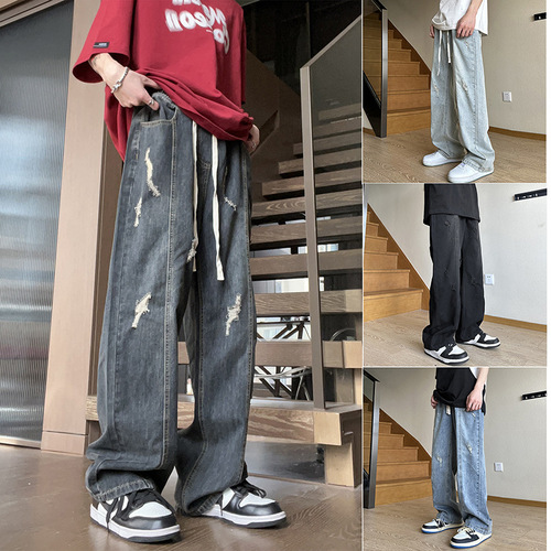 Washed-out denim jeans with an American streetwear vibe, cool and rebellious pants, autumn trendy brand, versatile and loose straight-leg 9/10 pants