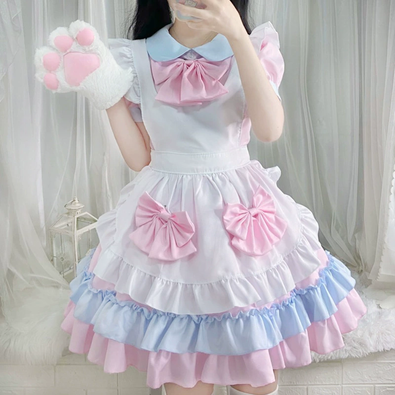 Костюм лолита-горничной (женский) soft-girl японский каваи розово-белое платье с фартуком и головным убором