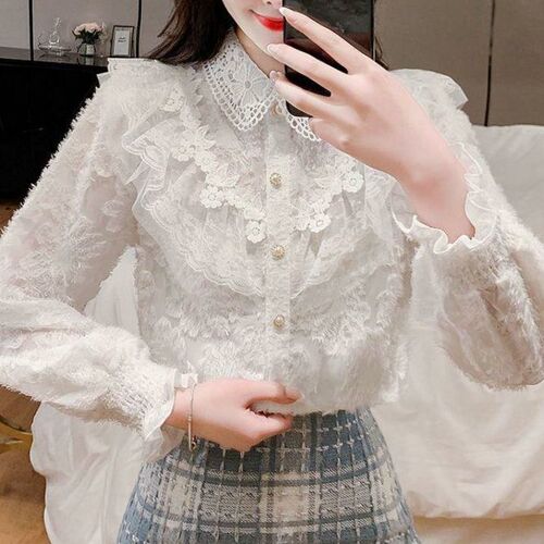 Women's Autumn/Winter New Fashion Court Style Collared Shirt, Uncommon Long-Sleeve Padded Lace Top