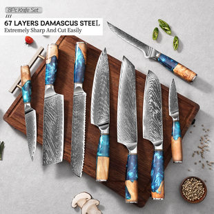 9CR18 Damascus steel steak knife blue resin handle steak knife Western style sharp serrated steak knife