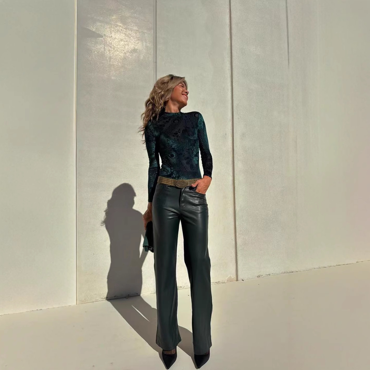 European and American High-End Straight-Leg Leather Pants for Women in Autum New High-Waisted Slim Straight-Leg Pants with Drapedy Loose Casual Pants