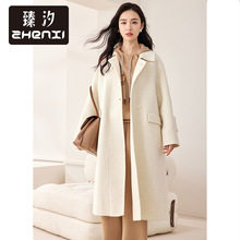 臻汐新款时尚翻领双面毛呢大衣女长袖中长款小个子外套K559