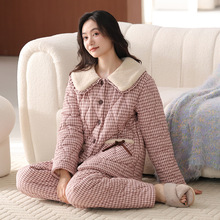 2025睡衣女冬季三层夹棉加绒加厚冬款梭织纯棉袄可外穿家居服套装
