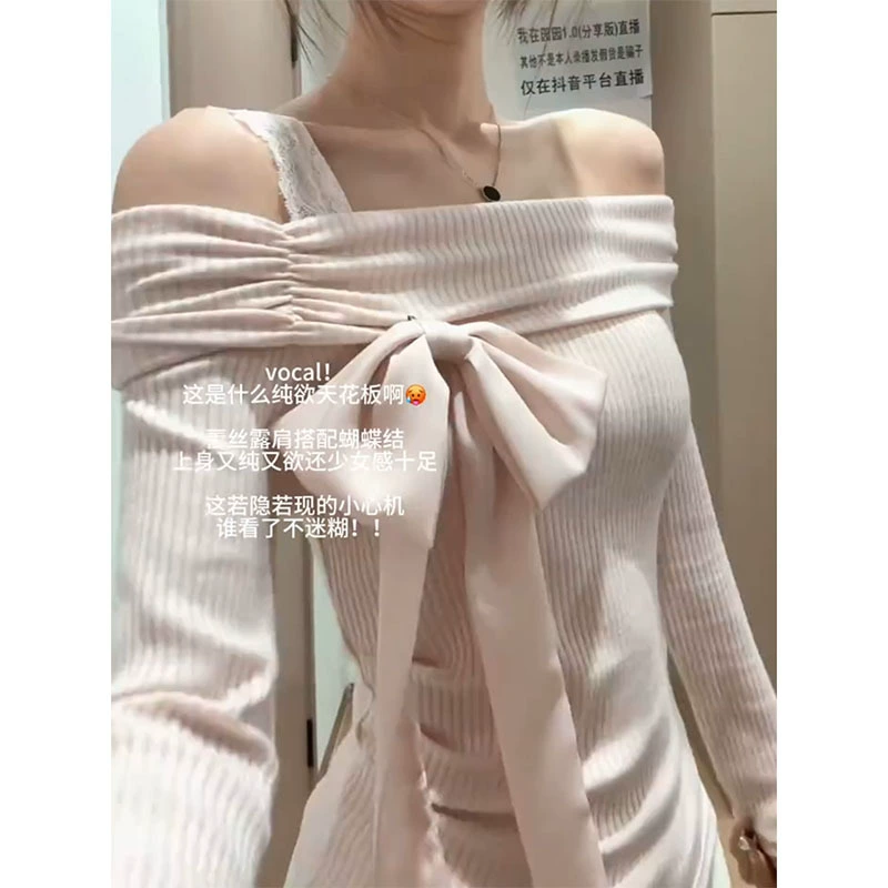 Женский трикотаж больших размеров на одно плечо ранней весны, новый стиль 2025, красивый топ с открытыми плечами и бантом, толстый мм