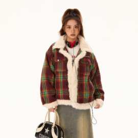 ins网红美式复古vintage格子拼接羊羔毛棉服女冬季甜酷棉袄外套潮
