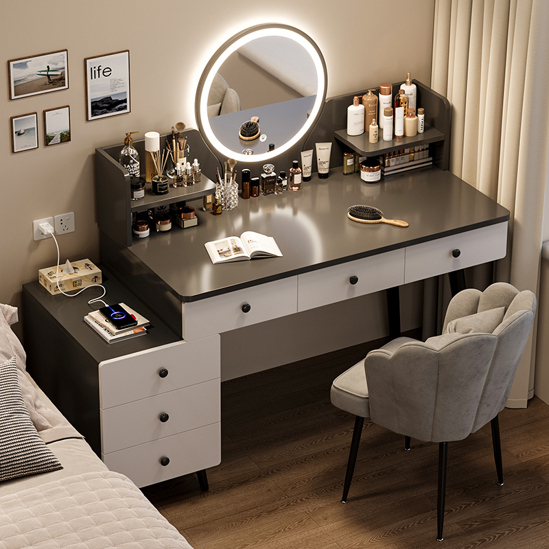 Solid Wood Makeup Table with Mirror, Bedroom Bedside, Simple Modern Light Luxury High-End Storage Vanity Table and Dresser Integrated