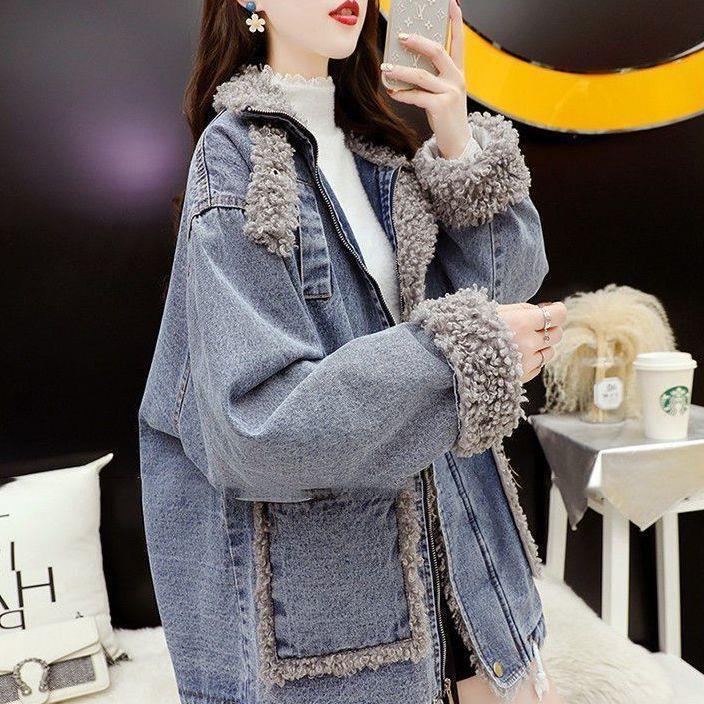 Velvet-Lined Thickened Denim Jacket Women's 2021 New Autumn and Winter Casual Loose Cotton-Padded Western Style All-Match Jacket